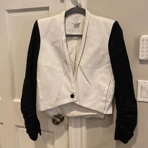 Helmut Lang White Linen and Black Ruched Sleeve Blazer